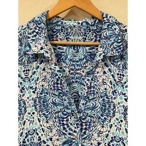 ~ Lilly Pulitzer Lg Captain Popover Button Dress Blue Shells Beachy Pockets